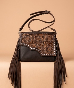 Bolso de Hombro de Cuero Genuino Estilo Bohemio para Mujer, con Flecos Bordados, Correa Única, para Viajes y Compras - Product Image 1