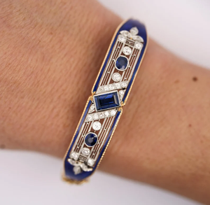 Bracelet chaîne géométrique vintage plaqué or pour femme avec saphir et diamant taille brillant rond serti en canal - Product Image 4