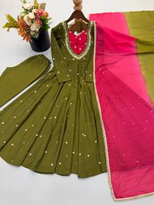 Conjunto de Salwar Kameez de Seda Verde para Mujer, con Dupatta Reversible Rosa, Estilo Tradicional Indio-Pakistaní, Casual, Largo hasta el Tobillo, Étnico - Product Image 1