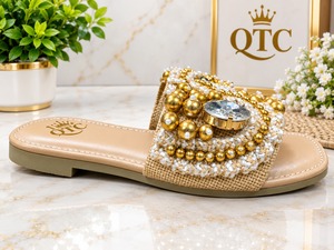 Beach Slide <b>Sandals</b> for Women Open Toe Flat Breathable Waterproof Casual Pearl Stone Decor Jute Upper <b>Comfortable</b> Holiday Shoes - Product Image 4