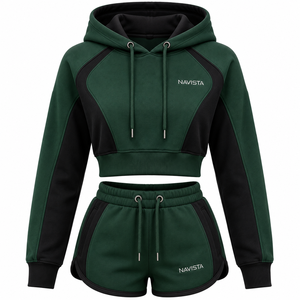 Women's 100% Cotton Fleece 360 GSM Streetwear 2-Piece Sports Wear Set Full Sleeve Hooded <b>Top</b> Knee Shorts-Eco-Friendly Breathable - Product Image 5