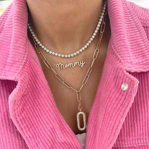 Diamond Solitaire Pendant Necklaces Pave Oval Charm Holder 18 Inch Paperclip Layering Statement <b>Chains</b> 10K 14K 18K Solid Gold - Product Image 4