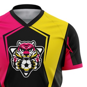 Maillot de football pour homme rose, jaune et noir, col en V, manches courtes, impression sublimée, séchage rapide, coupe classique, vêtements de sport pour adultes - Product Image 3