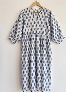 Vestido Midi con Cuello en V y Mangas Abullonadas, Estampado Floral Azul, 100% Algodón, Corte Regular, Estilo Casual de Verano, Vintage, Línea A, Venta al Por Mayor - Product Image 3