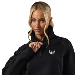 Sweat-shirt noir pour femme à manches raglan en molleton, col montant et quart de zip, manches longues, style streetwear décontracté, coupe ample, vêtement de mode - Product Image 3
