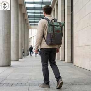 <b>Rugged</b> Roll Top Canvas Backpack with Padded Straps | Oil Waxed Two Tone Travel Rucksack with Side Pocket and Zipper Access - Product Image 3
