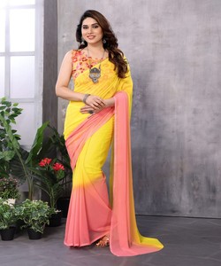 Sari de poliéster estampado en degradado amarillo y rosa con blusa para mujer, ropa informal, estilo tradicional indio, largo hasta el suelo, listo para usar. - Product Image 1