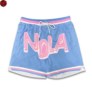 Shorts de basketball en toile bleue avec imprimé lettres roses, cordon de serrage, taille mi-haute, tricotés, pour l'entraînement sportif, tenue d'équipe personnalisée pour hommes - Product Image 1