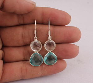 Wholesale Two Stone Faceted <b>Earrings</b> 925 <b>Sterling</b> <b>Silver</b> Multi Gemstone <b>Dangle</b> <b>Earrings</b> Manufacturer Handcrafted Aqua Blue - Product Image 1