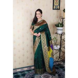 Sari en soie douce Banarasi Pallu Zari tissé avec Pallu Banarasi multicolore Couleur vert bouteille pour chemisiers et chemises pour femmes - Product Image 2