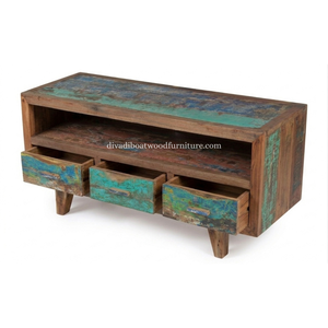 Reclaimed Boat Wood TV <b>Cabinet</b> 3 Drawer Chinese Style Solid Wood <b>Rustic</b> Recycled Boat Wood Sustainable Design For Stand TV - Product Image 4