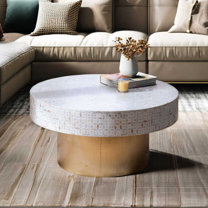 Luxury Minimalist Coffee Table with Elegant Cats Eye Motif Bone Inlay