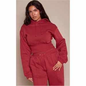 <b>Women's</b> Red Hooded Cropped Sweatshirt <b>Set</b> Full Sleeve Loose Fit Casual 2-Piece Outfit Solid Color Fleece Material - Product Image 5