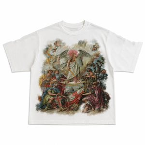 Camiseta blanca con estampado gráfico personalizado, estilo vintage moderno, manga corta, 100% algodón jersey, para uso unisex en verano. - Product Image 1