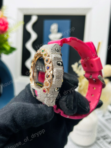 Iced Out VVS Moissanite <b>Watch</b> Round Shape Bezel Multi Color Diamond Digital <b>Watch</b> Pink <b>Rubber</b> Band <b>Watch</b> - Product Image 3