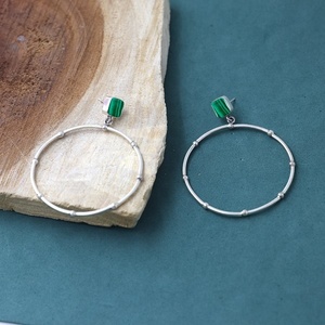 Natural Malachite Stone Cushion Hoop Drop <b>Earrings</b> for Women <b>Silver</b> Plated Beaded Open Circle Statement <b>Dangle</b> <b>Earrings</b> - Product Image 5