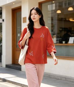Blusa informal con bordado floral rojo para mujer, blusa informal con bordado floral de verano para mujer, manga 3/4, informal con bordado para mujer - Product Image 1