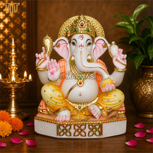 Pure Marble Ganesh <b>Statue</b> with <b>Gold</b> Crown | Handcrafted Lord Ganesha Idol | Premium Marble Ganpati Murti for Home Temple, Pooja - Product Image 1