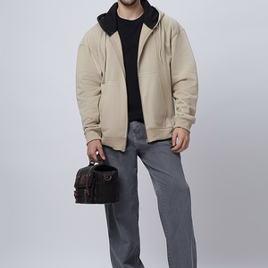 Custom <b>Men</b>’s Beige Full Zip <b>Hoodie</b> with Contrast Black Hood Lining and Split Kangaroo Pockets - Product Image 4