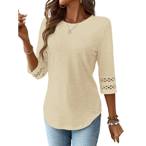 Camisa Casual de Mujer, Manga Tres Cuartos, Cuello Redondo, Corte Regular, Detalle de Encaje, Ropa Elegante para el Día a Día, 100% Algodón Suave - Product Image 1