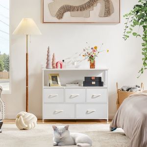 Commode avec 5 tiroirs en tissu, pieds réglables, meuble TV pour chambre à coucher, blanc - Product Image 1