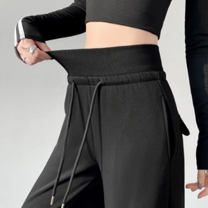 Pantalones Anchos de Cintura Alta con Cordón Elástico para Mujer, Color Sólido, Corte Holgado, Largos, Negros, de Punto, Poliéster, Primavera, HOOGLE ENTERPRISES - Product Image 2