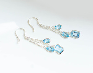 Ocean Breeze Elegance – Pendientes colgantes hechos a mano de plata de ley 925 con triple gota de topacio azul natural - Product Image 2