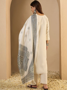 <b>Women</b> Ethnic Embroidered Pure Cotton Straight <b>Kurta</b> Set Trousers Dupatta V Neck Regular Fit Knee-Length Quick Dry All Seasons - Product Image 4