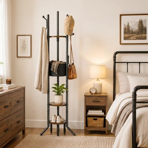 Porte-manteau moderne en fer avec étagères de rangement à trois niveaux pour l'organisation de la chambre, style industriel, étagère multifonctionnelle - Product Image 1