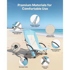 Sedia da Spiaggia Pieghevole con Schienale Alto e Tasca Portabicchiere, Seduta Extra Larga Portatile e Borsa per il Trasporto per Adulti e Campeggio - Product Image 4