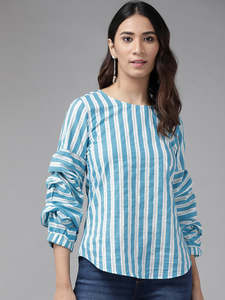Ensemble 2 pièces long pour femme, en coton à rayures imprimées, bleu, formel, été, écologique, confortable, respirant, pour le quotidien - Product Image 2