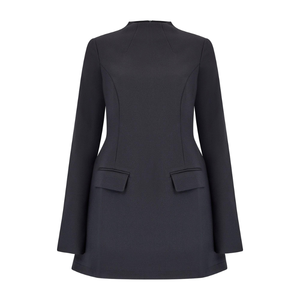 High Neck Bell Sleeve Mini <b>Dress</b> With Fake <b>Pockets</b> Fit And Flare Silhouette Casual Solid Black Woven Fabric - Product Image 6