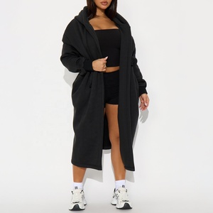 Custom Logo <b>Black</b> <b>Hooded</b> Long <b>Cardigan</b> Coat <b>Women</b> Open Front Drop Shoulder Oversized Maxi with Pockets Casual Fleece Trench Coat - Product Image 3