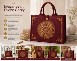 Sac fourre-tout en jute laminé rouge, motif floral, impression dorée, fermeture à bouton, doubles poignées, écologique, réutilisable, sac de mariage, sac de courses - Product Image 1