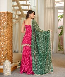Costume Anarkali rose à pois pour femmes avec dupatta vert, longueur au sol, en coton, tenue de fête traditionnelle, style Inde Pakistan - Product Image 6