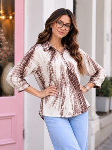 เสื้อเชิ้ตผู้หญิงลายมัดย้อม แขนสามส่วน ทรงหลวม ผ้าฝ้ายผสมไม้ไผ่ ป๊อปลิน สไตล์ลำลอง สำหรับฤดูใบไม้ผลิและฤดูร้อน - Product Image 1