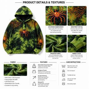 เสื้อฮู้ดดี้ลายสไปเดอร์กราฟิกแบบย้อมสีไทได ขายส่ง สไตล์ Y2K โอเวอร์ไซส์ สตรีทแวร์ ผลิตตามสั่ง (OEM) จากซัพพลายเออร์ในสหรัฐอเมริกา รับผลิตจำนวนมาก เสื้อผ้าสำหรับทุกเพศ - Product Image 4