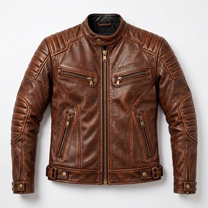 <b>Mens</b> <b>Brown</b> <b>Leather</b> <b>Jacket</b> Stand Collar Zipper Front Quilted Shoulder Details Multiple Zipper Pockets Waist Belt Custom - Product Image 5