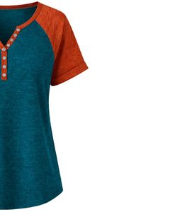 เสื้อยืดผู้หญิงสีฟ้าอมเขียว สีส้มสนิม แขนสั้น คอเฮนลีย์ ทรงแร็กแลน เนื้อผ้าฝ้ายนุ่ม สวมใส่สบาย ทรงหลวม เสื้อยืดฤดูร้อน ระบายอากาศได้ดี - Product Image 4