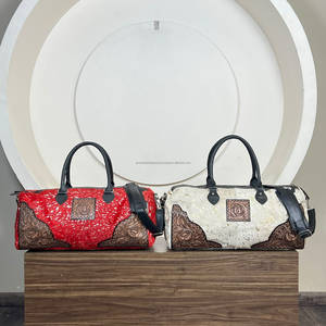 Western Design Hair on Metallic Cowhide Tooled <b>Leather</b> Travel <b>Duffel</b> <b>Bags</b> High Quality Large Capacity Travel Weekender <b>Bag</b> - Product Image 3