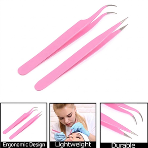2 Pcs <b>Pink</b> Eyelash Extension Tweezers <b>Set</b> Straight & Curved Stainless Steel Precision Beauty <b>Tools</b> - Product Image 2