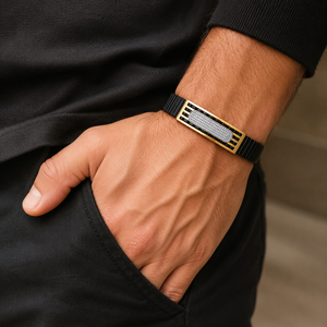 18KT Gold Black Ceramic Diamond Accent <b>Stretch</b> <b>Bracelet</b> for Men High Polish Contemporary Luxury Party Wedding Gift Jewelry - Product Image 1