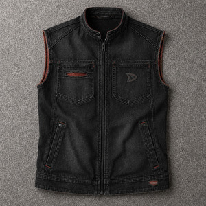 Gilet en jean sans manches à fermeture éclair, logo personnalisé, noir délavé, pour homme – Vêtement streetwear et workwear premium - Product Image 1