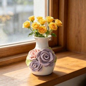 Porcelain <b>Vase</b> With Pink Ranunculus Flowers Shabby Chic Design Glazed Tabletop Decor 8-16 Inches Height - Product Image 5