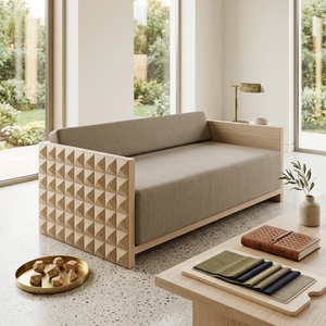 Dice Double <b>Sofa</b> Modern <b>Wooden</b> Two Seater Couch With 3D Geometric Carved Armrest Luxury Minimalist Home Living Room Furniture - Product Image 2