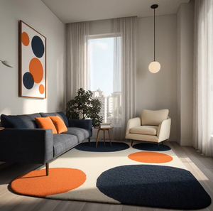 KNOTS RUG Modern Geometric Wool Area Rug Rectangle Navy Orange Cream Tufted Plush Non-Slip Eco-Friendly Fire Resistant High Rug - Product Image 2