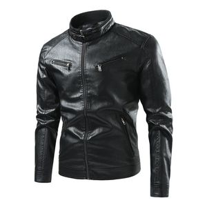 Chaqueta de Moto para Hombre, Negra, de Cuero Genuino Ecológico, Impermeable, con Cuello Alto, Cierre de Cremallera, Corte Ajustado, Largo Regular, Color Sólido - Product Image 1