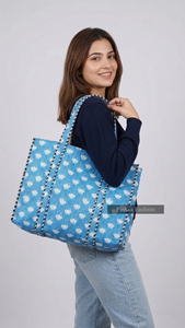 Bolsa de Mano Grande Acolchada de Algodón con Estampado Floral Azul, Bolso de Hombro para Mujer, Ecológico, Reutilizable, para Compras - Product Image 6