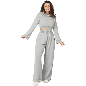 Conjunto de chándal 2 en 1 para mujer, de invierno, liso o estampado, 100% algodón polar, estilo urbano, ecológico, con sudadera corta y capucha, lavado ácido y efecto desgastado por el sol - Product Image 1