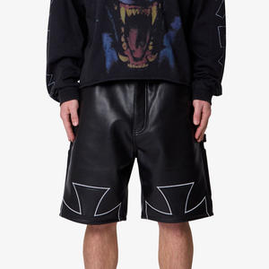 Shorts en cuir baggy de qualité supérieure, couleur noire, avec appliqué croix, style streetwear urbain, nouvelle collection, fournisseur de premier plan, OEM ODM. - Product Image 1